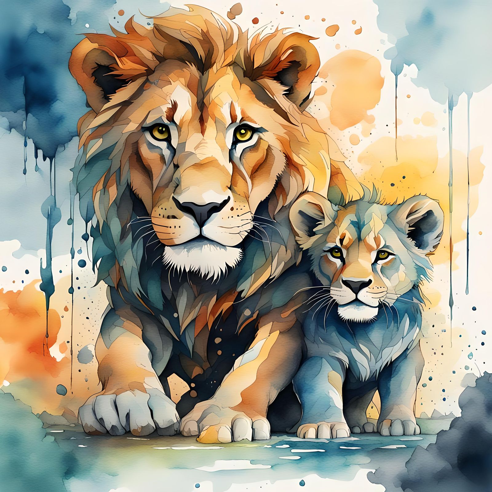 Watercolor Child and Lion Fantasy Art