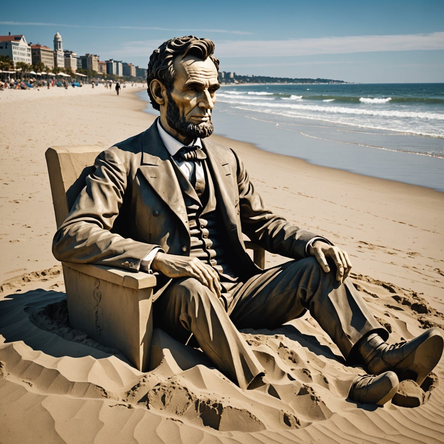 Sand Sculpture of Lincoln on the Beach
