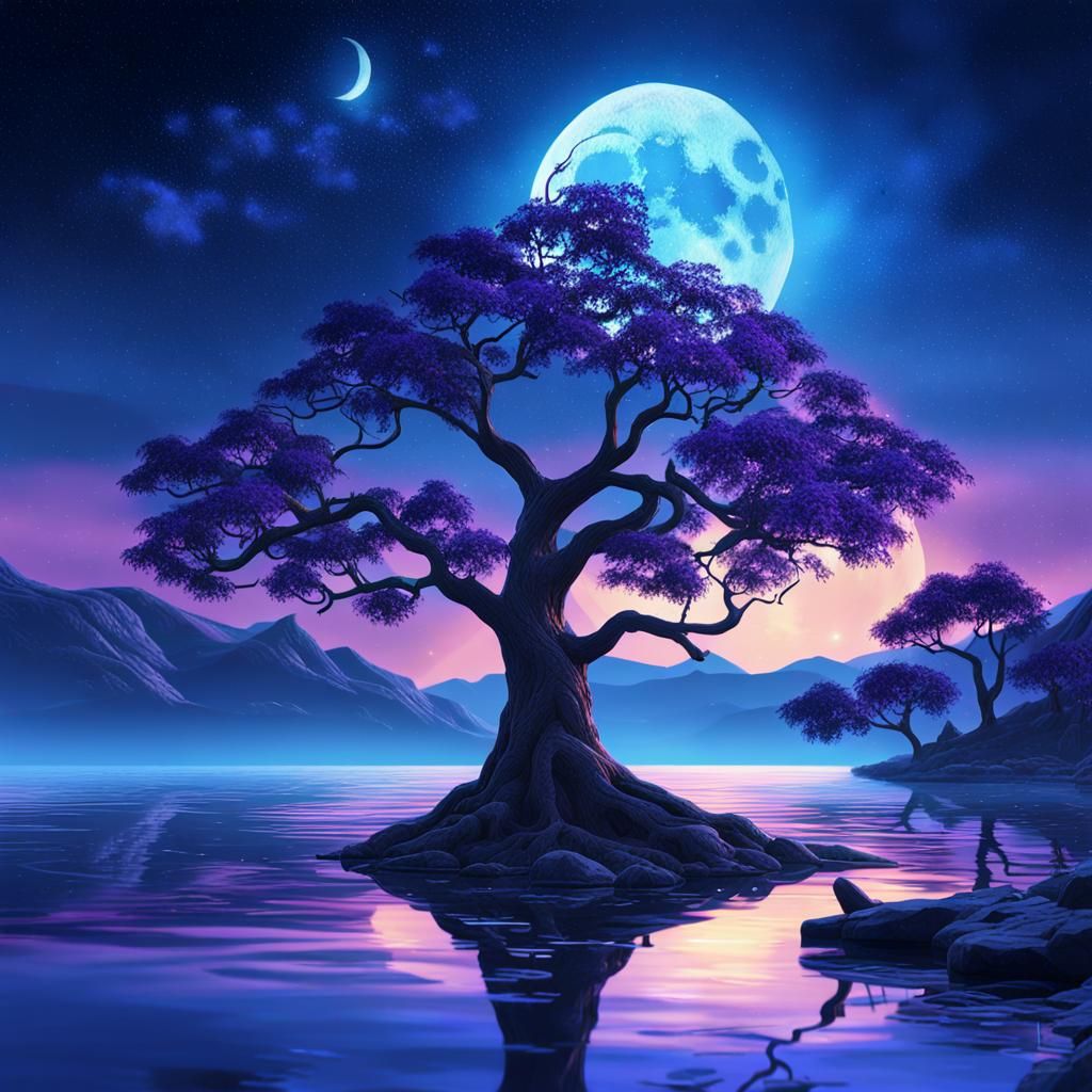Magical Tree and Moon in Nocturnal Landscape