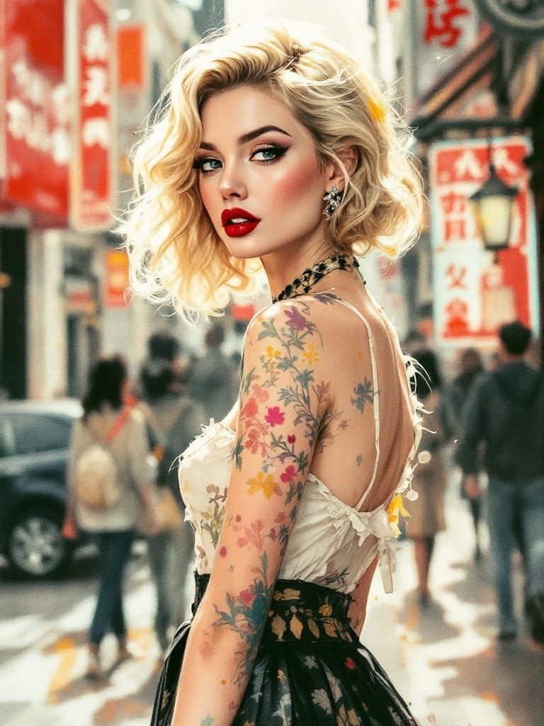 Pin-Up Woman in Neon Dusk, Ethereal Watercolor Style