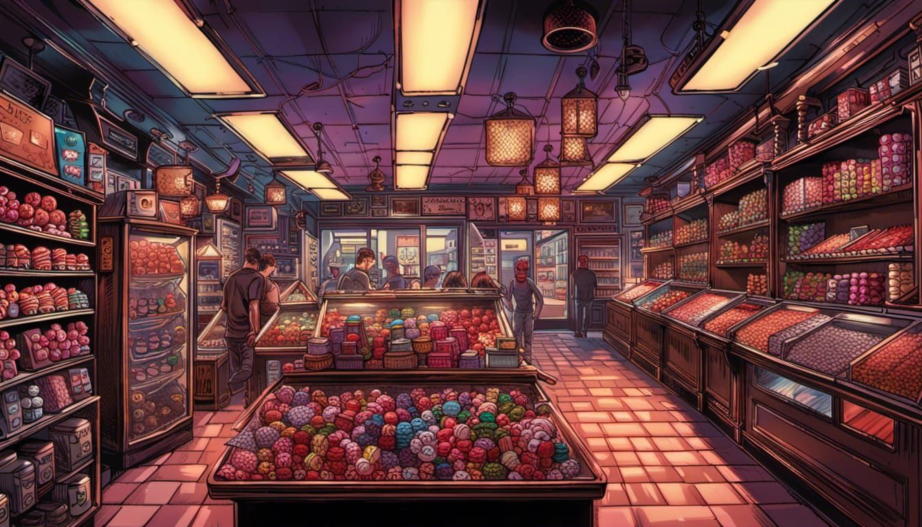Glowing Candy Shop in Comic Book Art Style