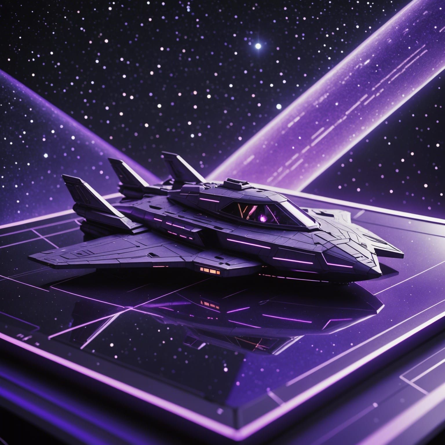 Purple Glow Spaceship Reflecting Stars