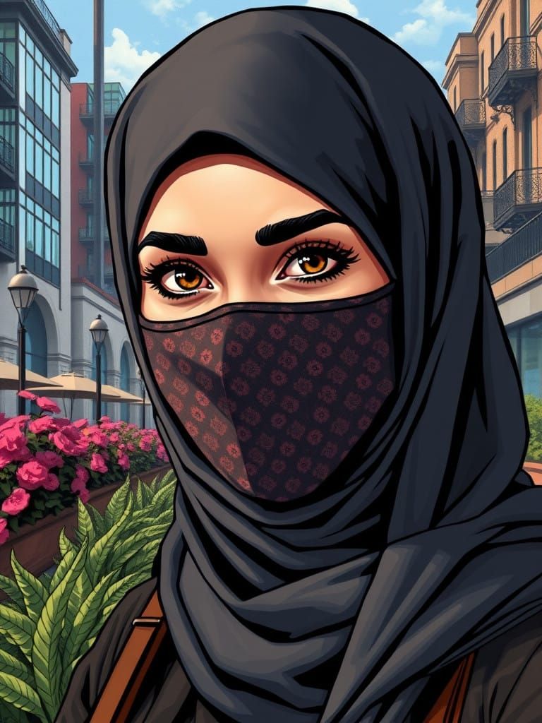 Stylish Hijabi Woman in a Lush City Landscape