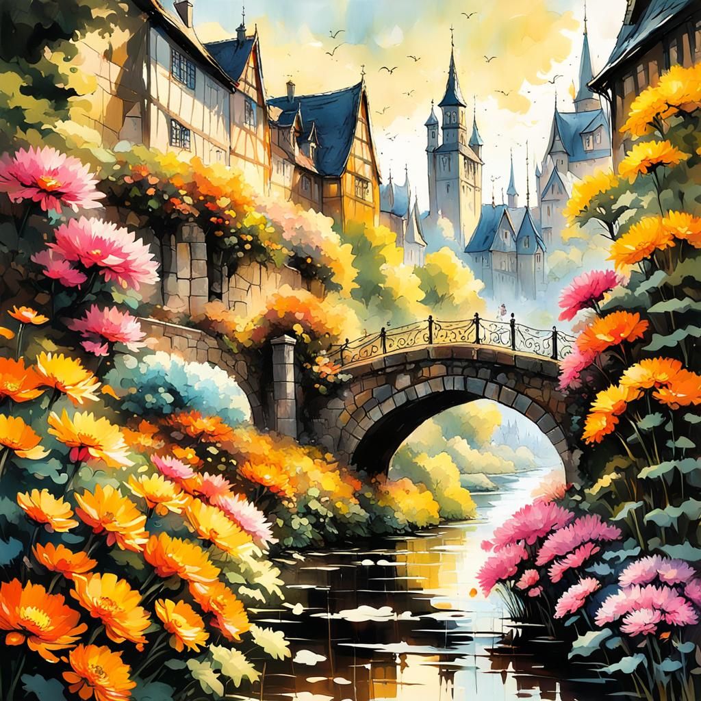 Bavarian City with Chrysanthemum Garden in Gouache Style