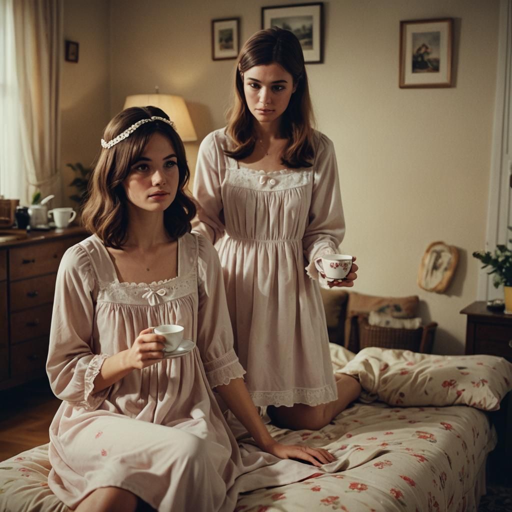 Tomboy in 60s Nightgown Serves Tea to Girlfriend