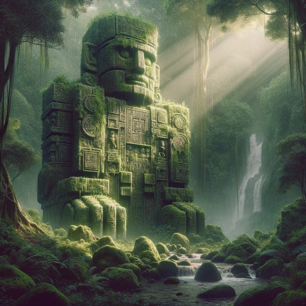 Mossy Stone Golem Guards Secluded Waterfall in Jungle