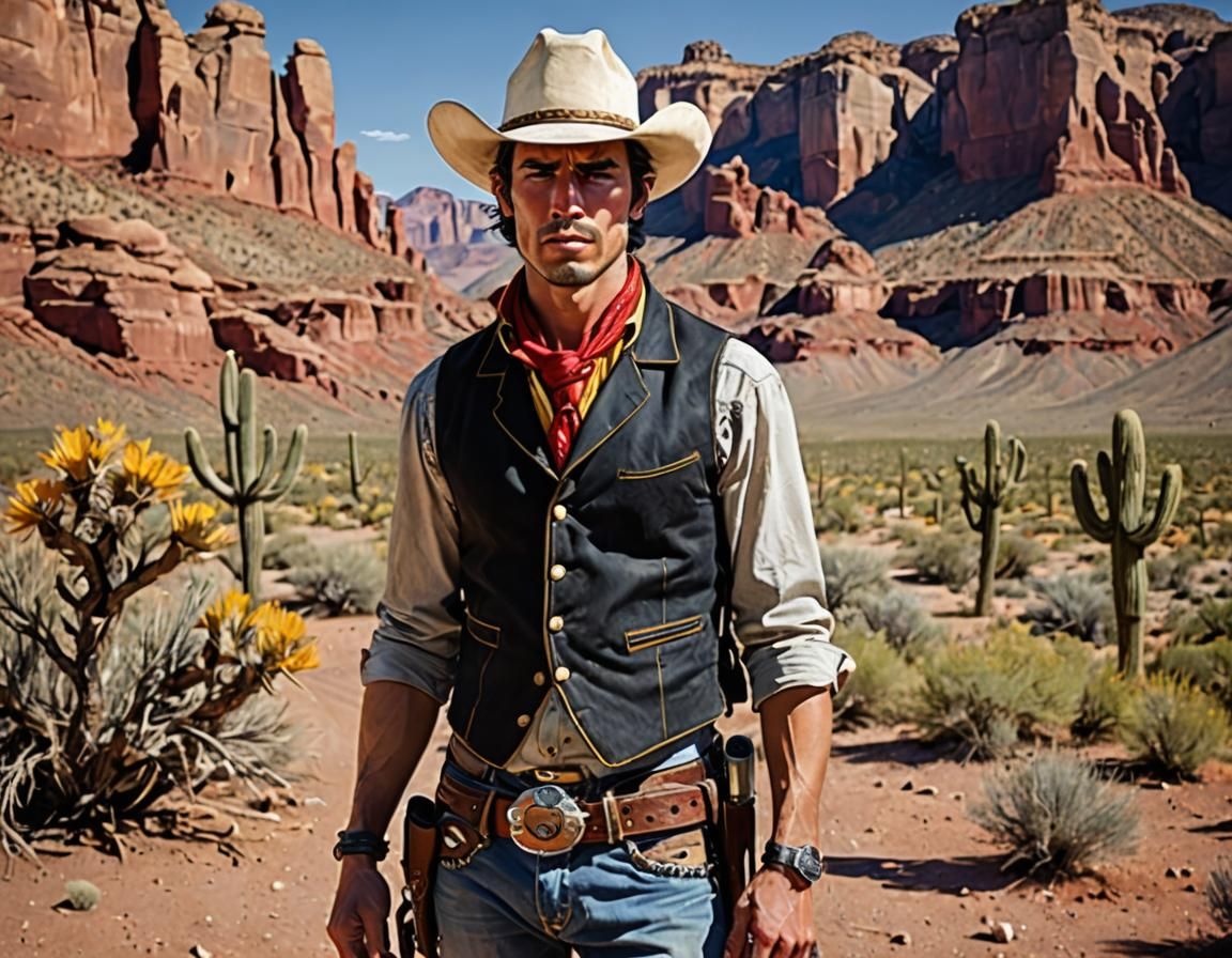 Handsome Cowboy with Big Nose in Desert Landscape