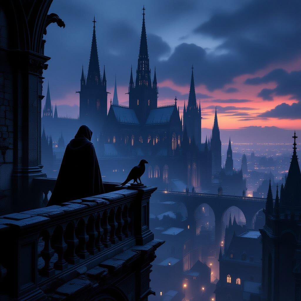 Cloaked Figure Overlooks Decaying Gothic City at Twilight