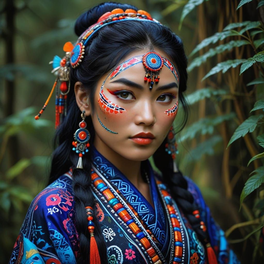 Ethereal Ainu Beauty in Vibrant Triadic Hues