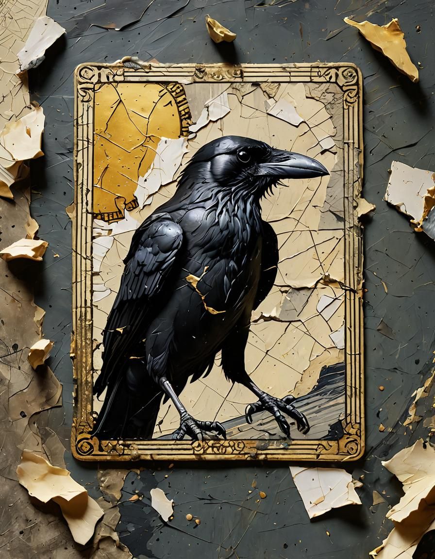 Damaged Tarot Card with Crow in Abstract Expressionism