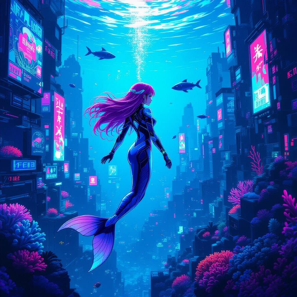 Cyberpunk Mermaid in Neon Underwater Cityscape