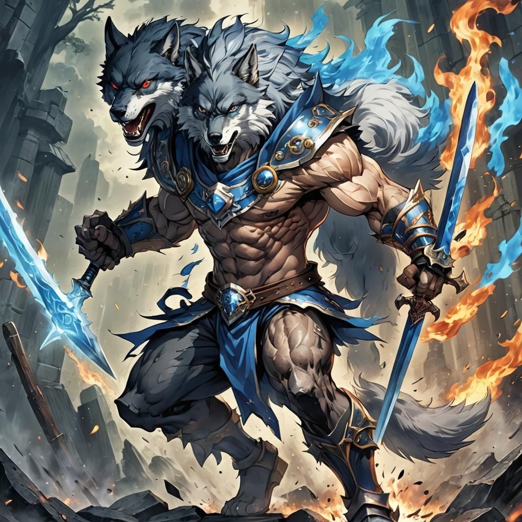 Wolf Warrior with Flaming Sword, Anime Style