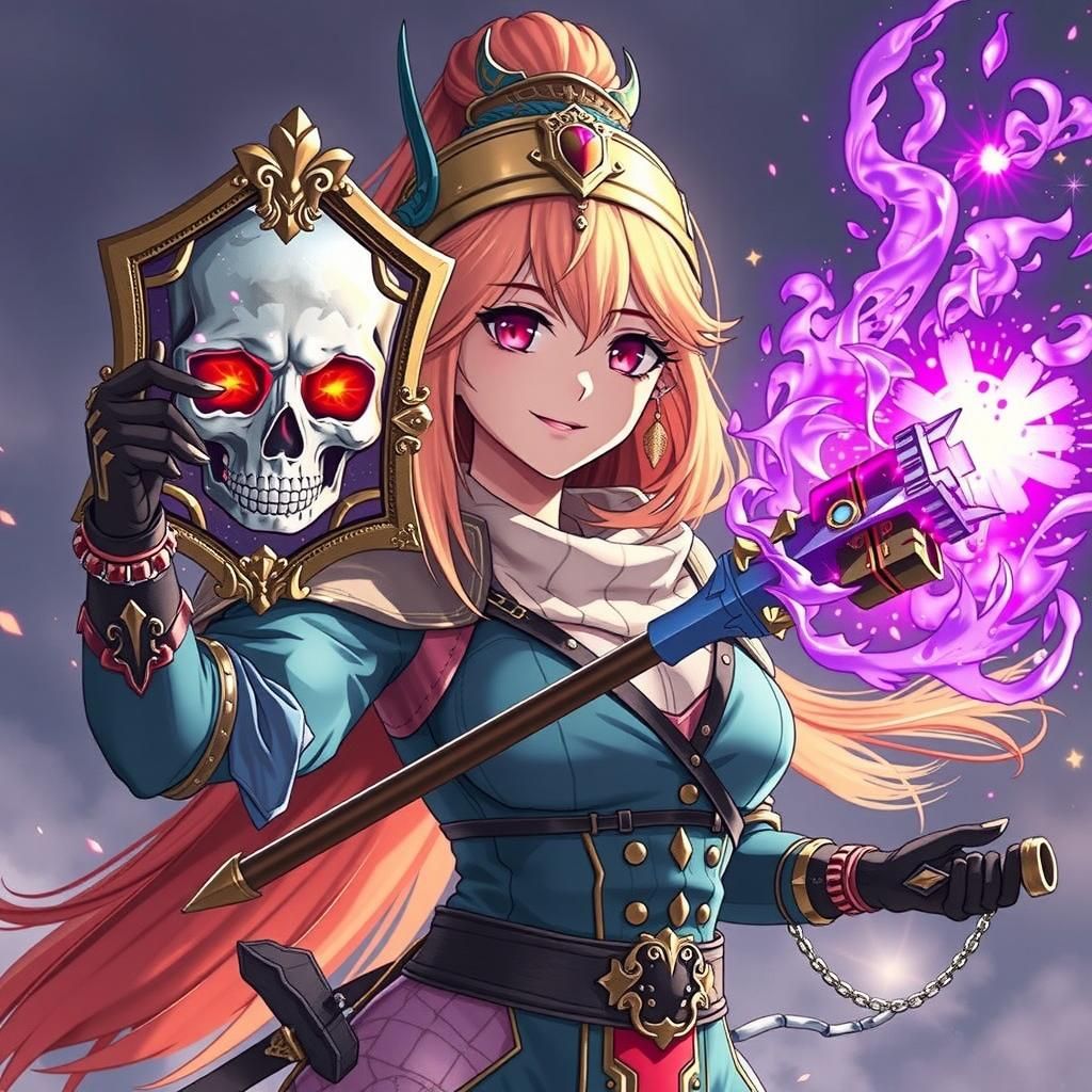 Vibrant RPG Fighter with Magical Mirror in Anime Style