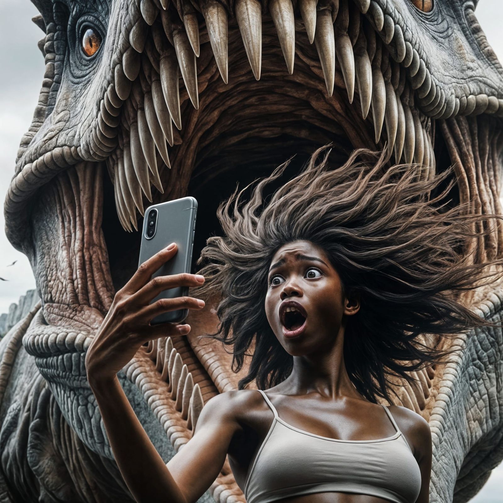 Woman's Selfie in Dinosaur Mouth: A Moment of Fear
