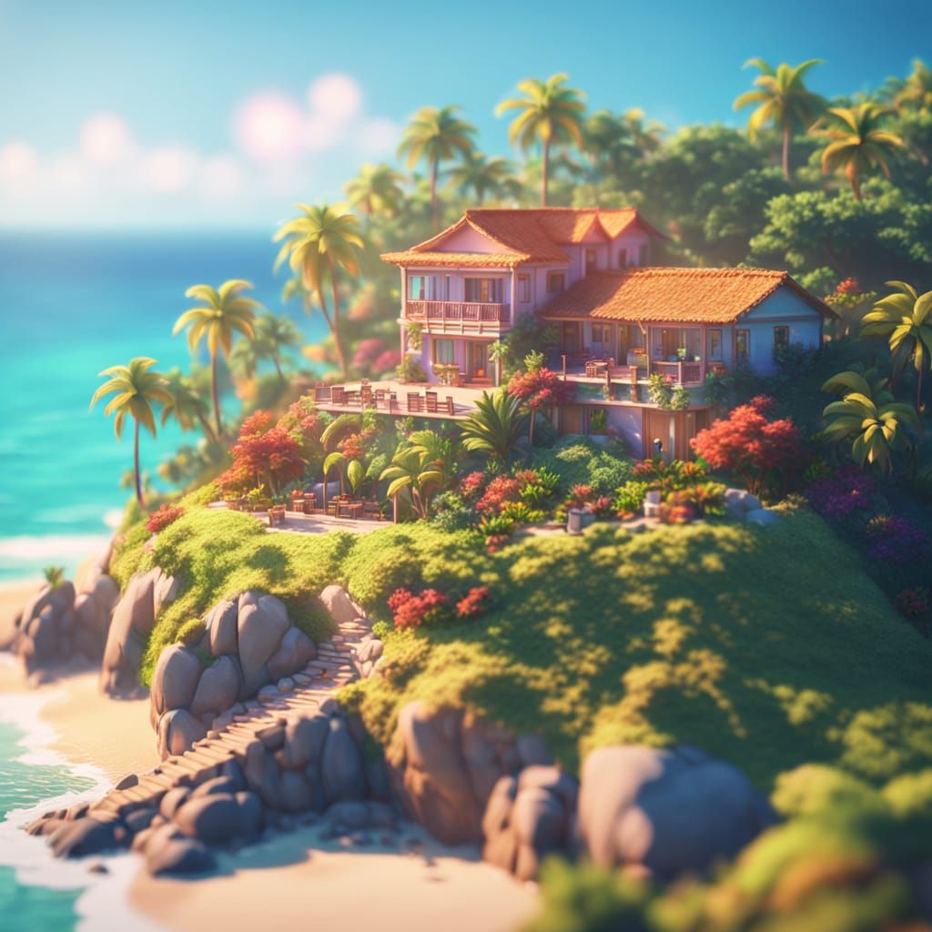 Anime Tilt-Shift View of Island House
