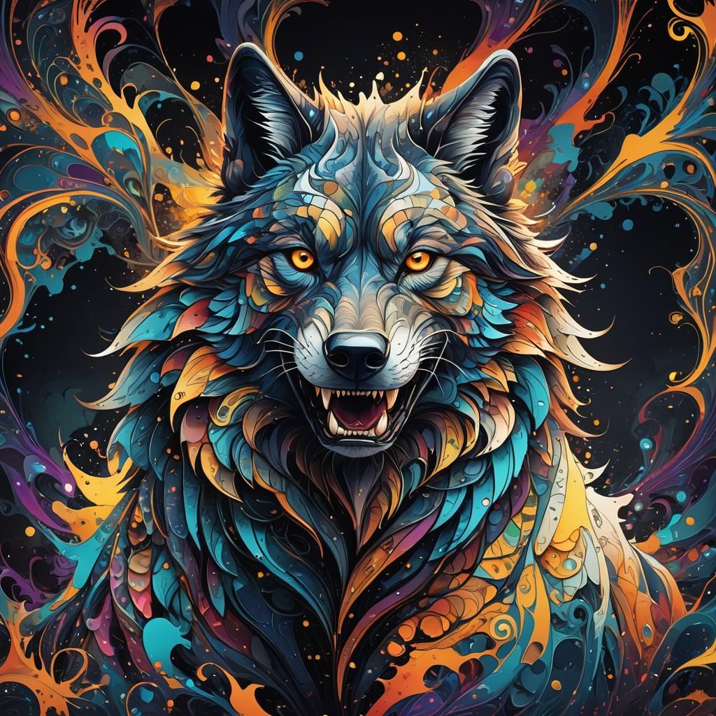 Abstract Ink Wolf Howling at Night