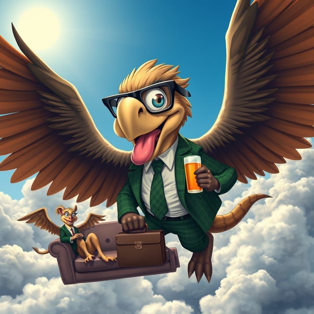 Cartoon Griffin in Suit Soaring Through Sky