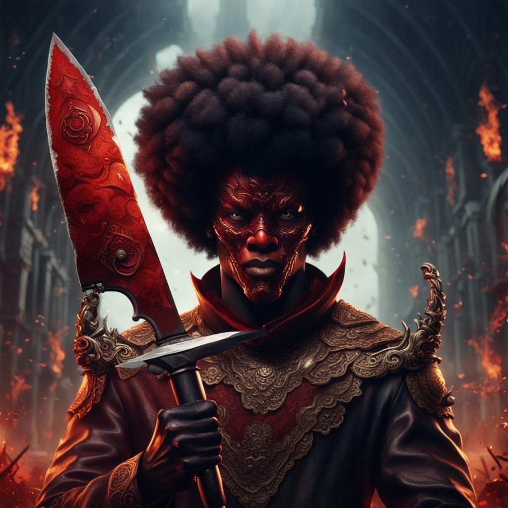 Black Man with Afro in Devil Mask
