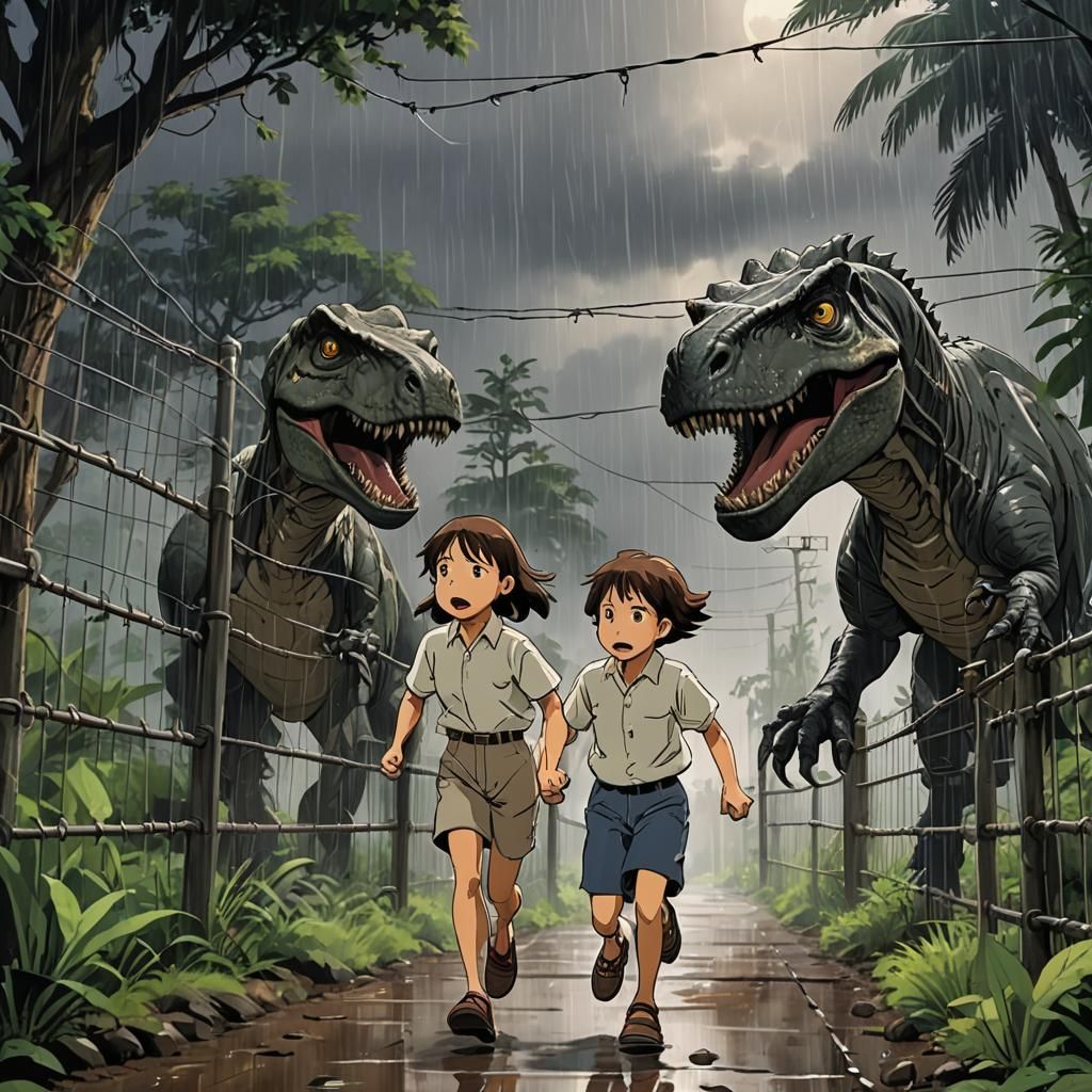 Jurassic Park Scene in Studio Ghibli Style