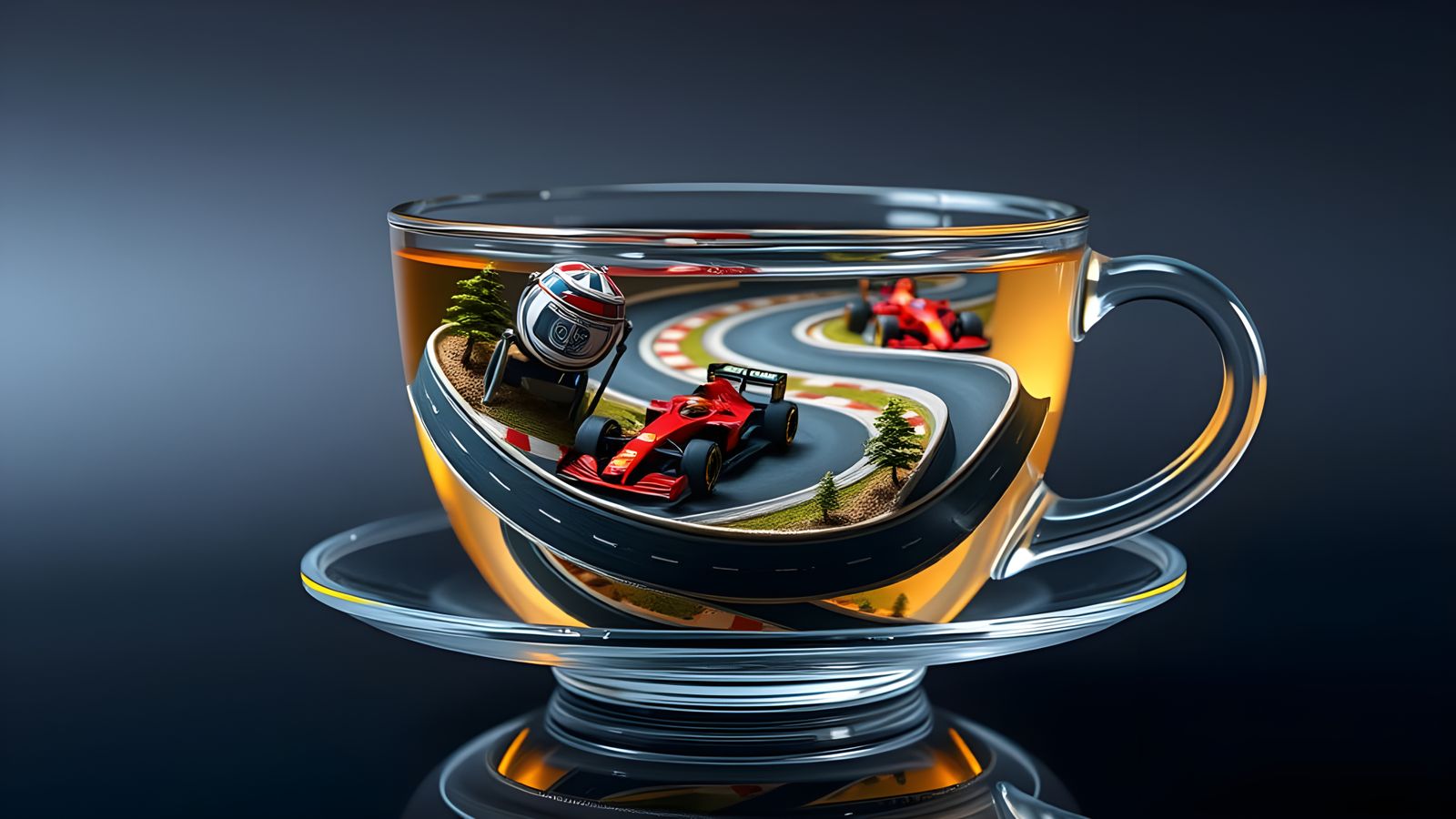 Miniature F1 Race in Transparent Teacup