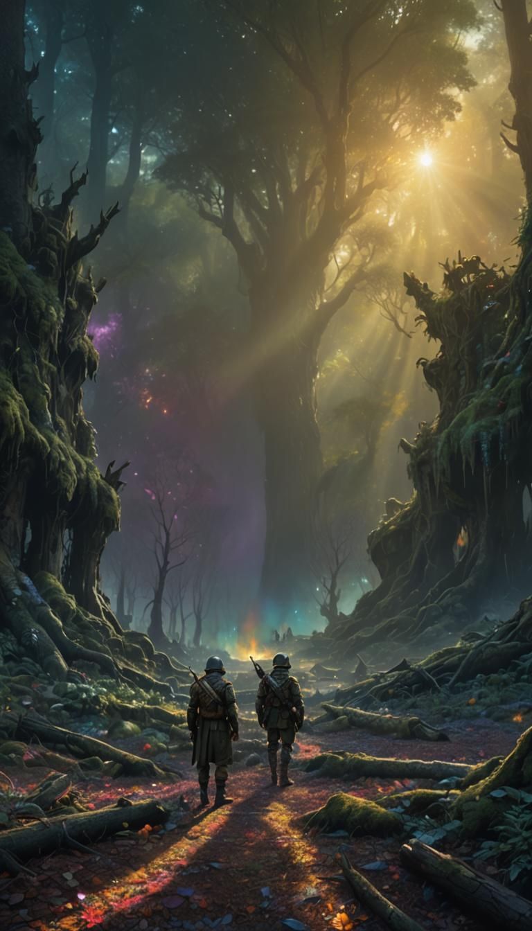 War-Torn Soldier in Vibrant Fantasy Forest