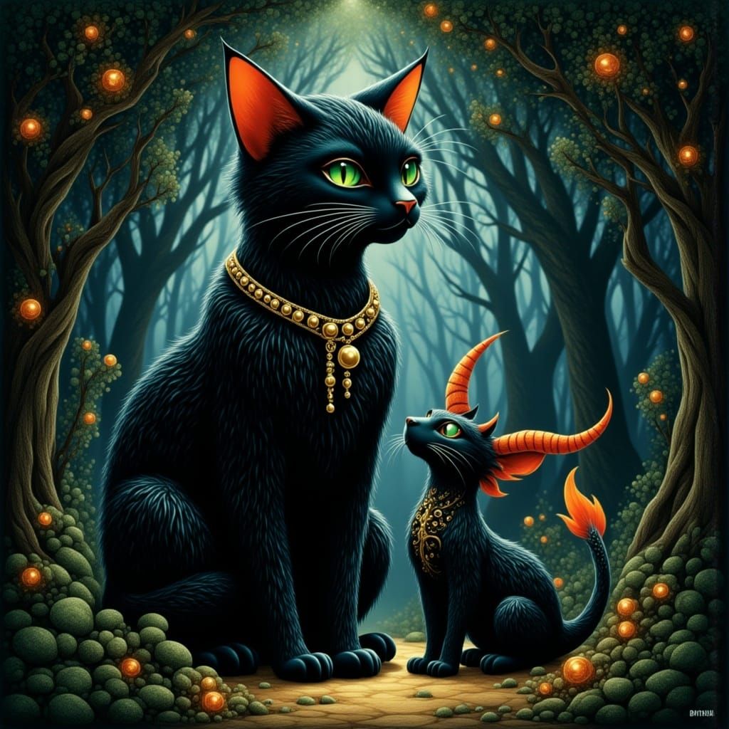 Black Cat and Dragon in Mystical Forest