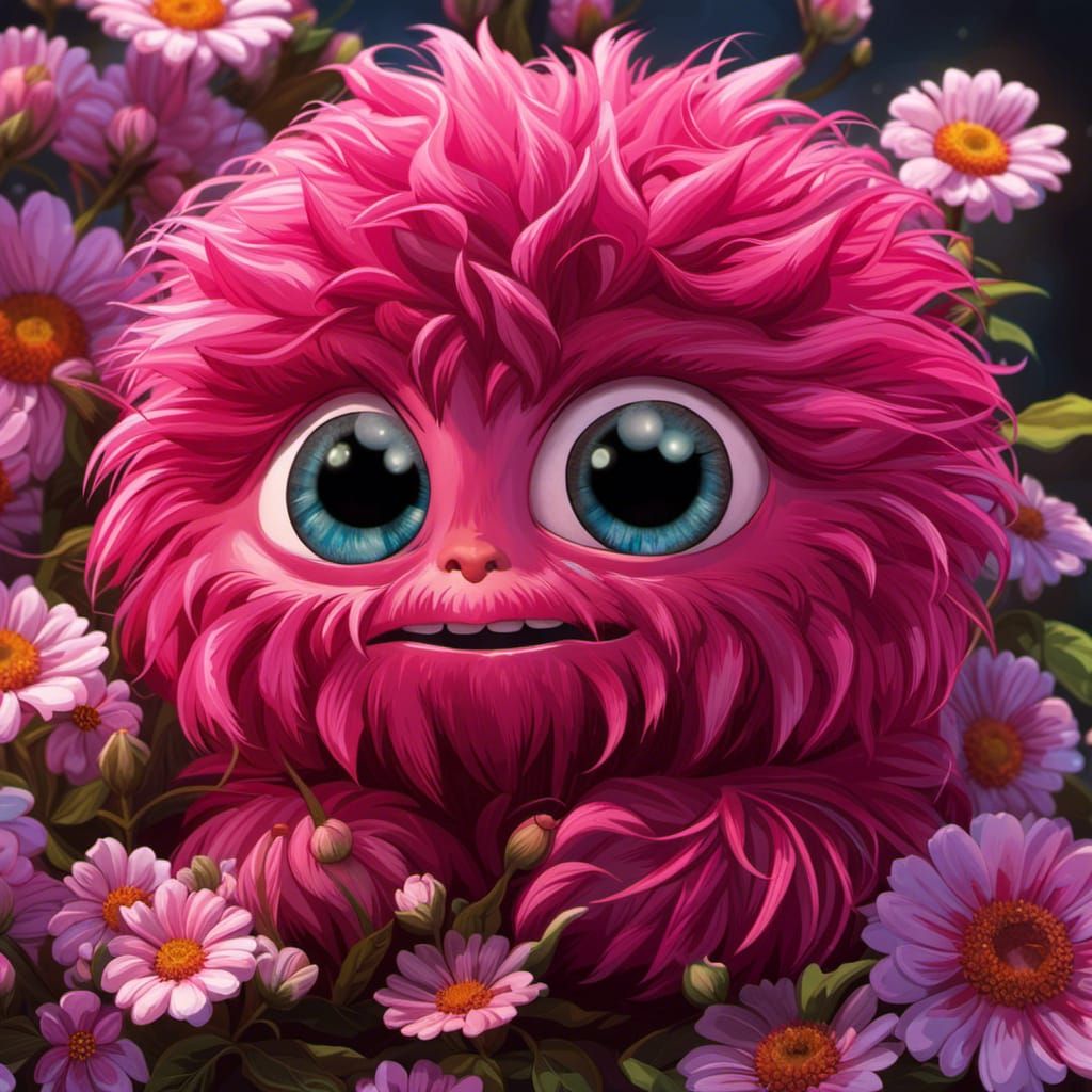 Adorable Chibi Pink Monster Surrounded by Flowers