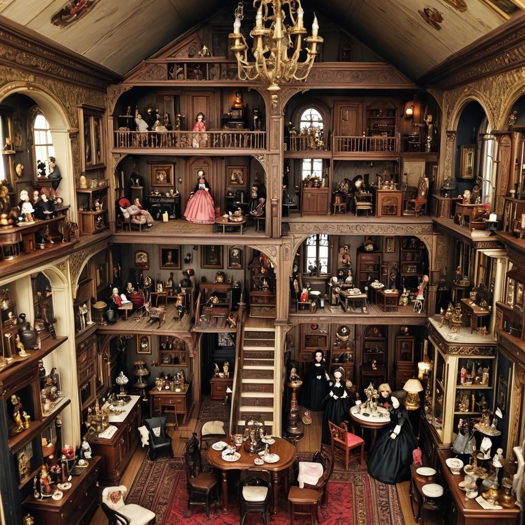 Victorian Dollhouse Interior with Gothic Dolls