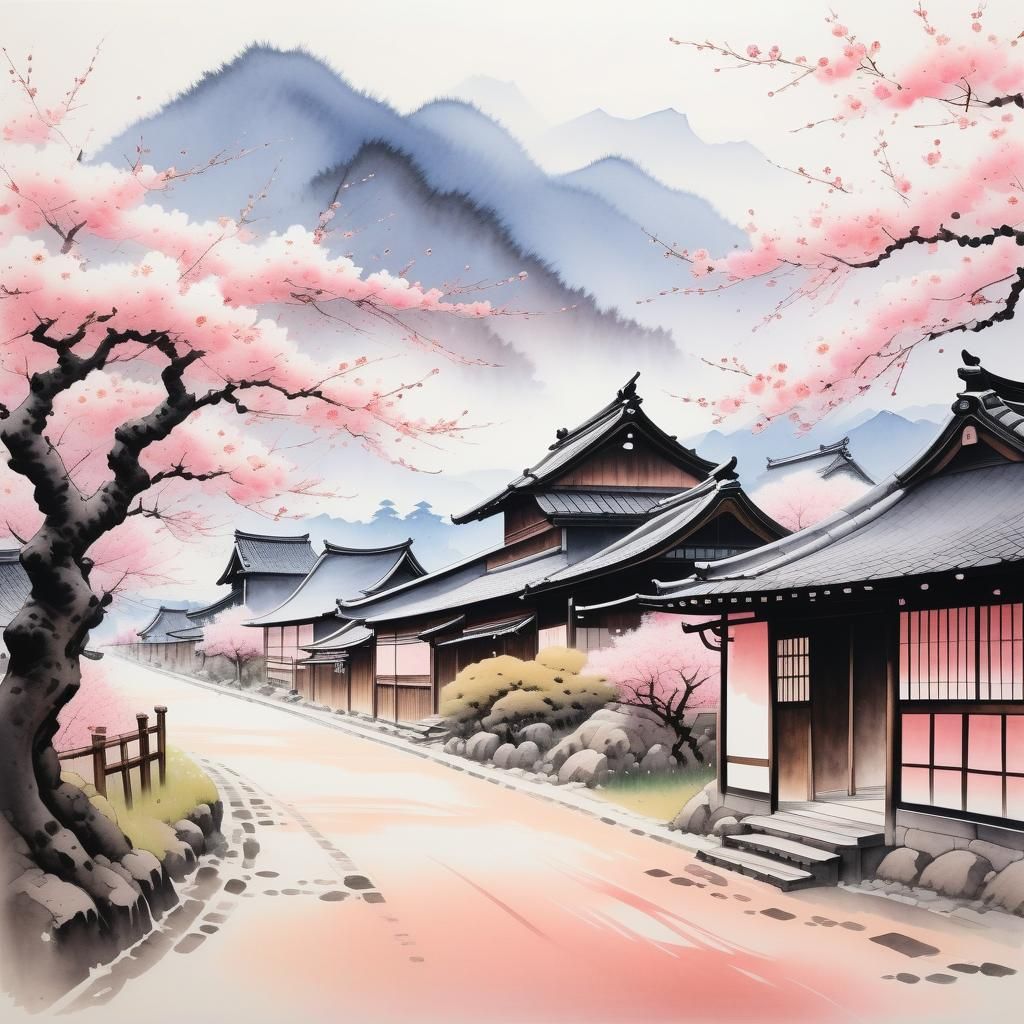 Serene Japanese Village Amidst Cherry Blossoms in Traditiona...