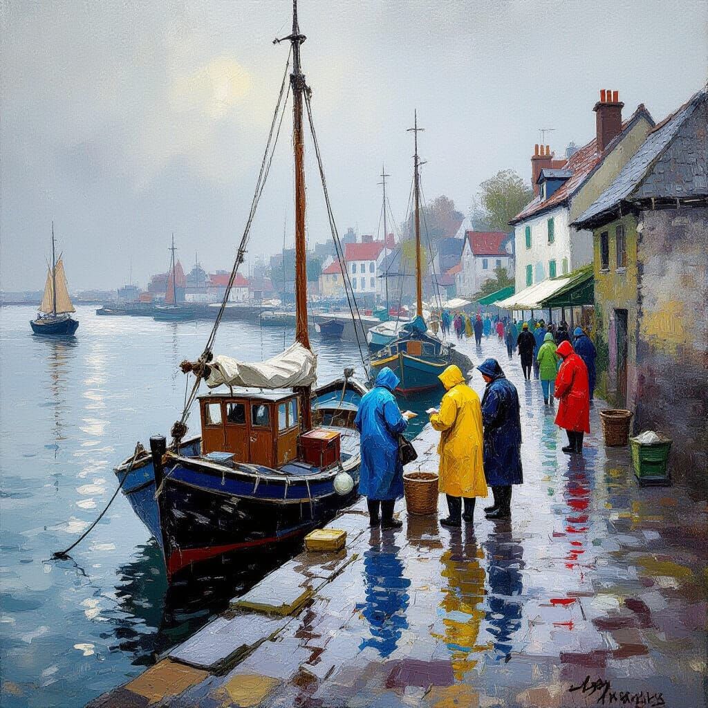 Impressionist Harbor Scene: Rainy Day Fish Market