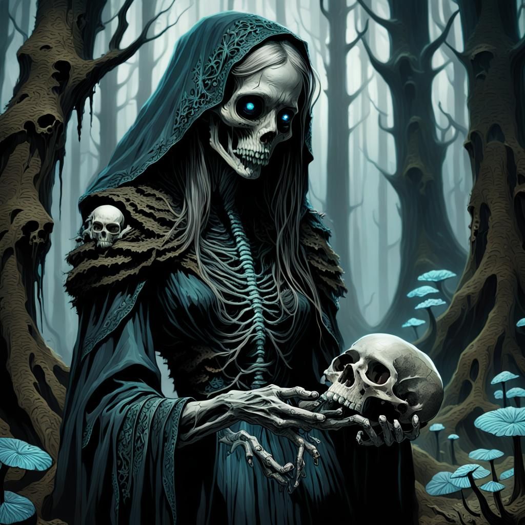 Deathly Woman in Eerie Forest, Dark Fantasy Art