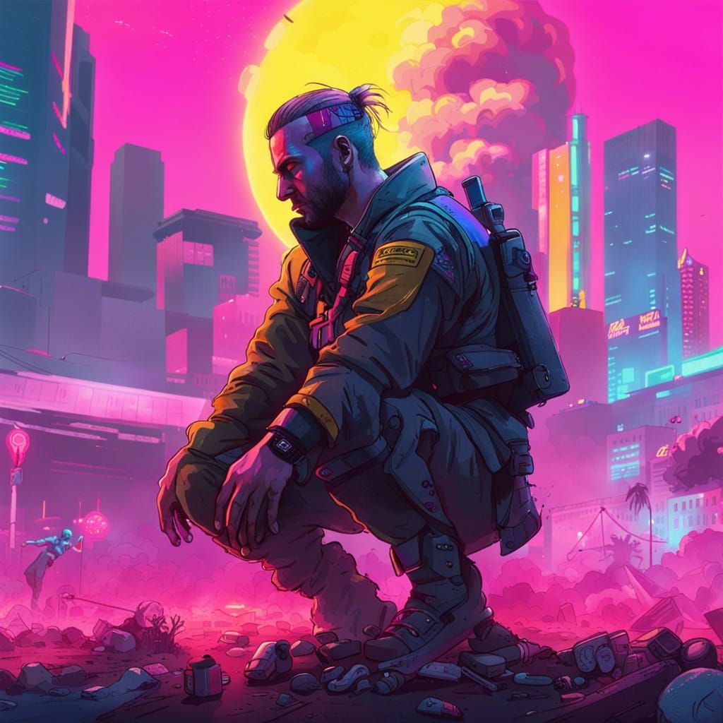 Cyberpunk Soldiers in a Destroyed Neon Landscape