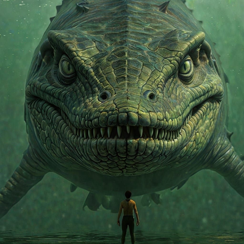 Hyperreal Mosasaur Dinosaur in Dark Jurassic Ocean