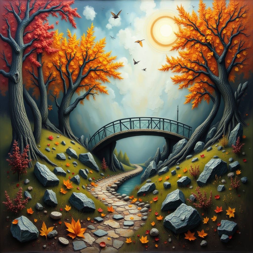 Japanese Garden with Autumn Leaves and Ornate Bridge