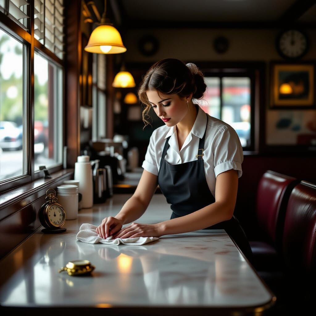 Impressionist Diner Scene with Waitress and Pocket Watch