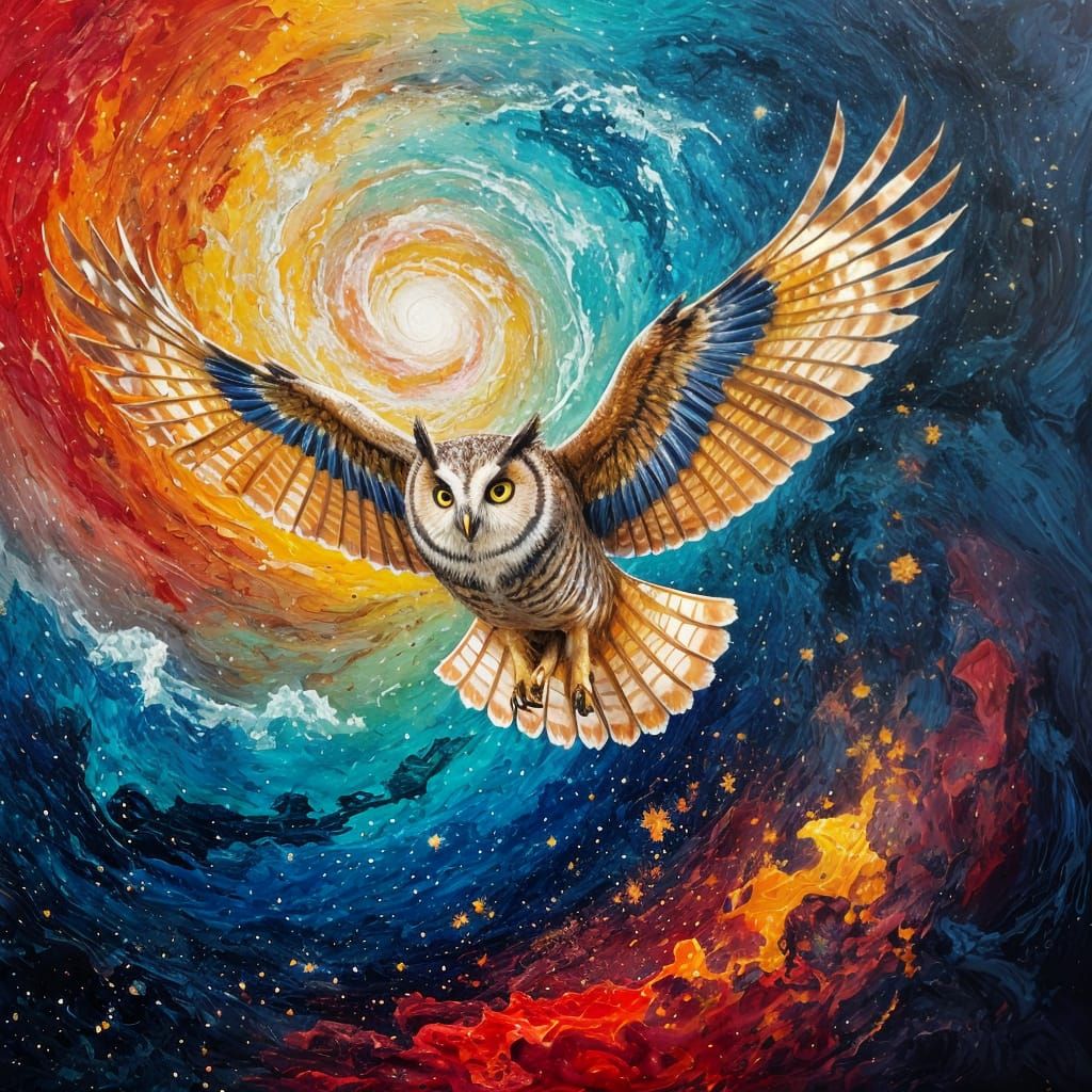 Surreal Owl in Cosmic Nebula, 3D Impasto Style
