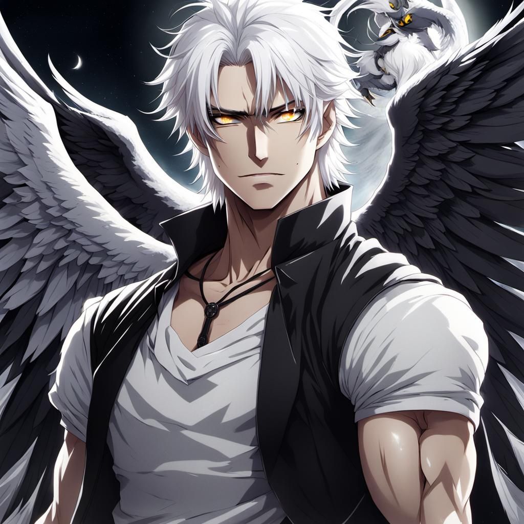 Handsome Young Demigod with Wings Illuminated by Moonlight