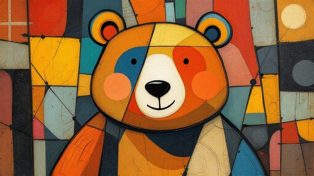 Gentle Bear with a Friendly Smile, in Cubist Style