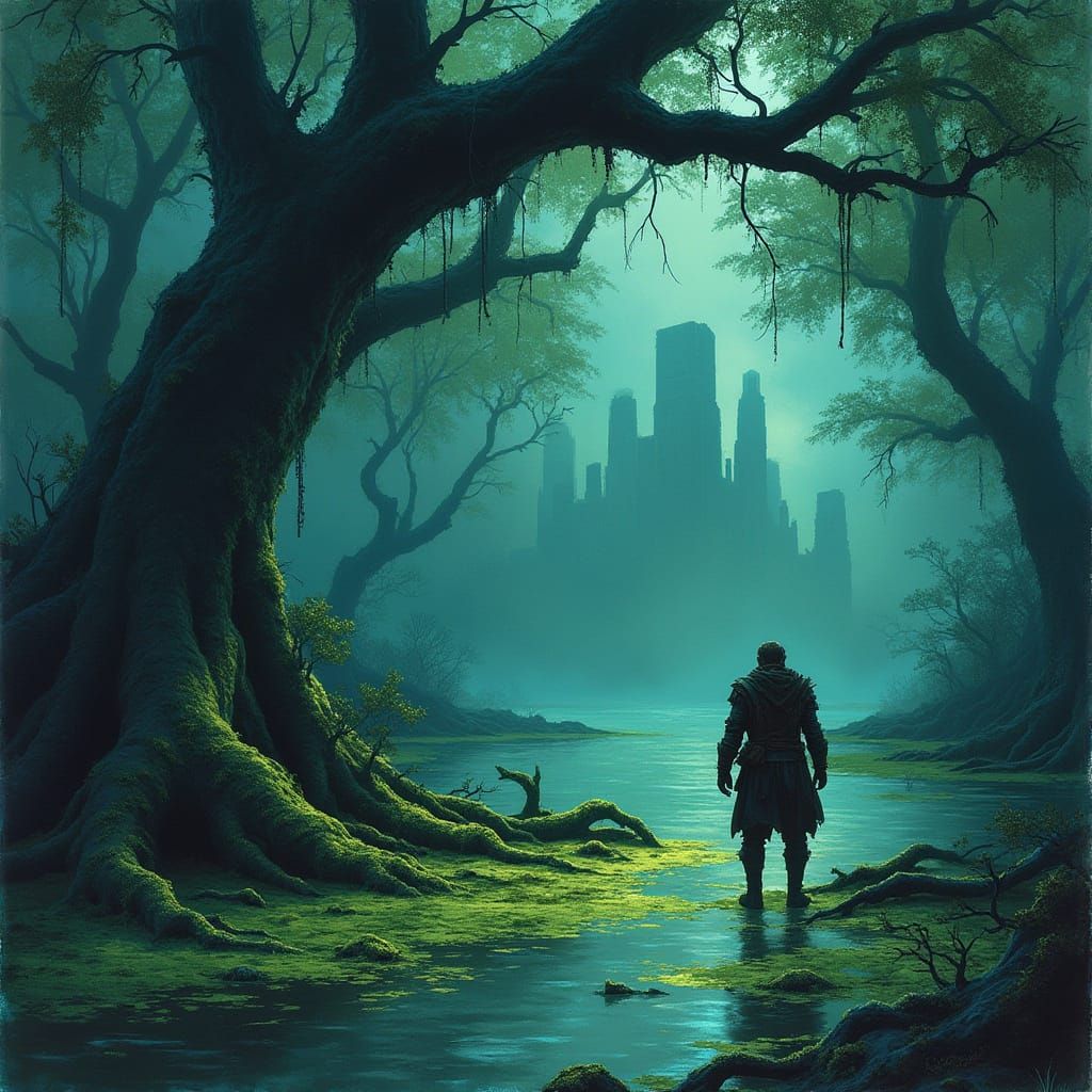 Hunter in Bioluminescent Swamp, Dark Fantasy Art