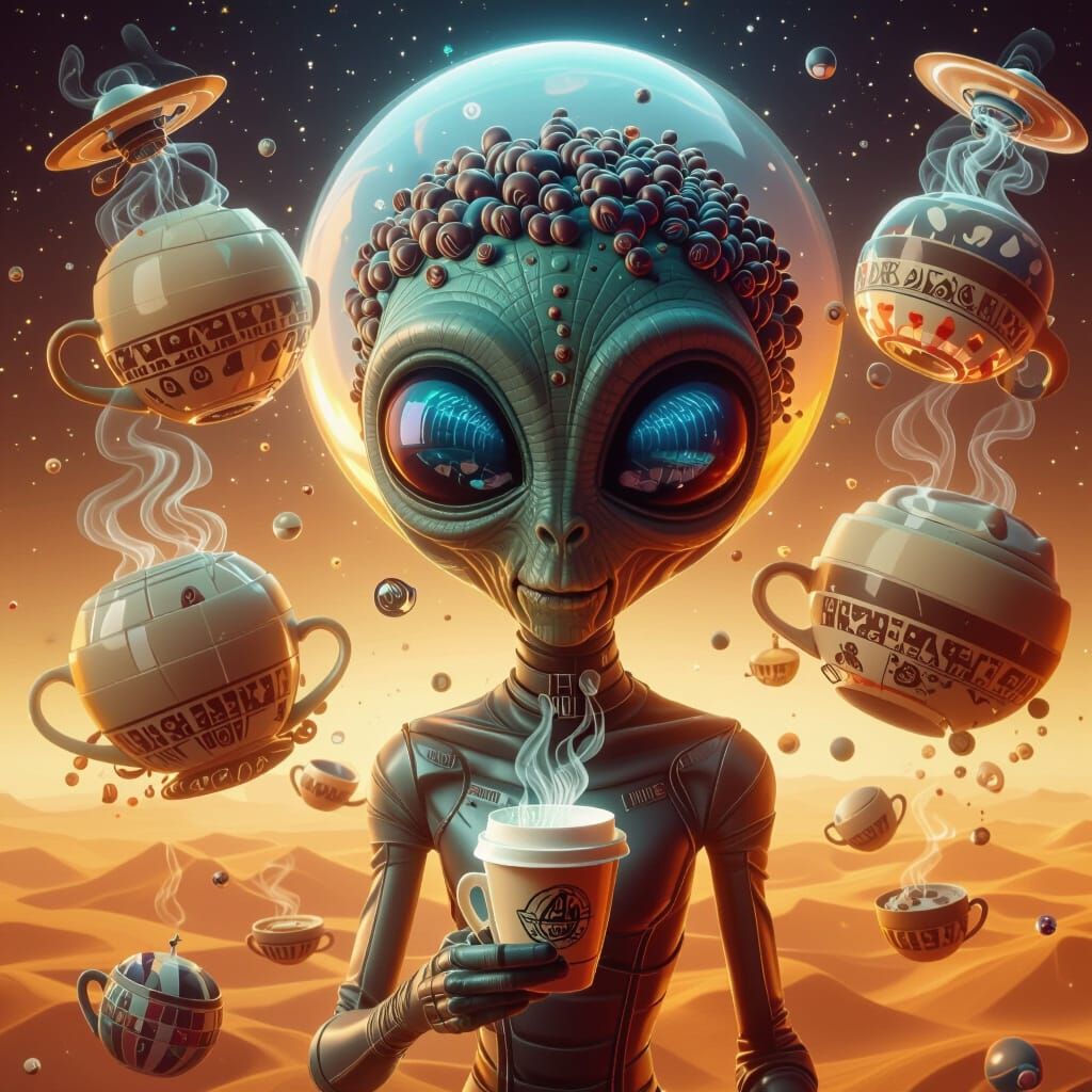 Alien Coffee Lover in Surreal Dreamscape