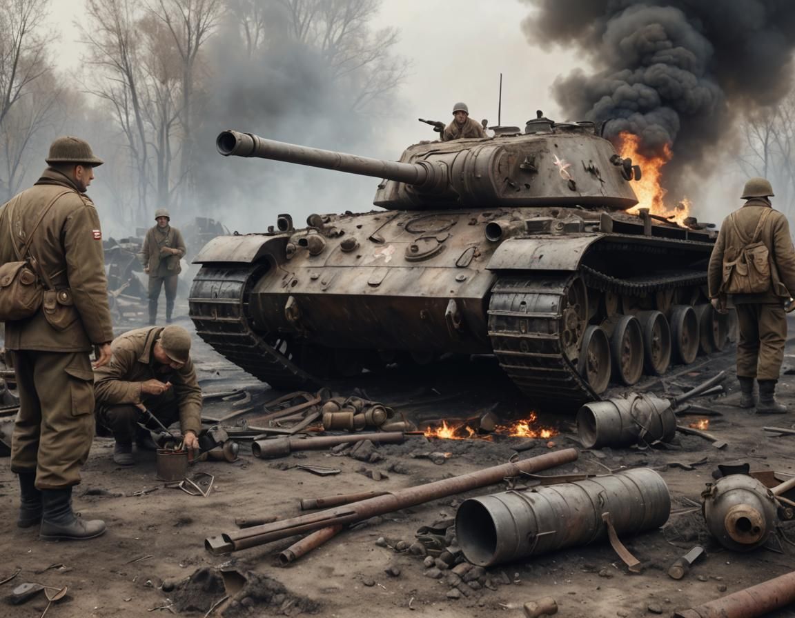 Soviet Mechanics Repairing Tank on Battlefield: Hyper-Realis...