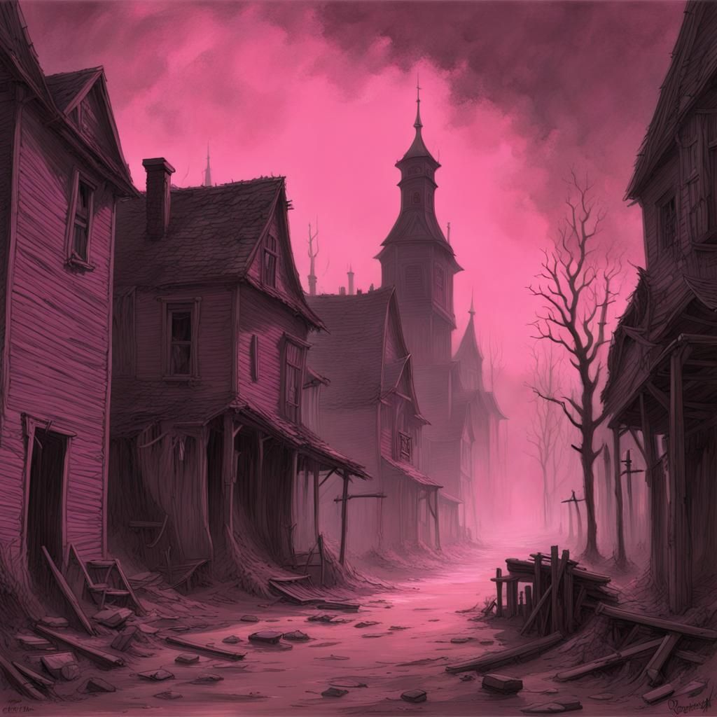 Abandoned Town in Pink Fog: Gothic Horror Scene