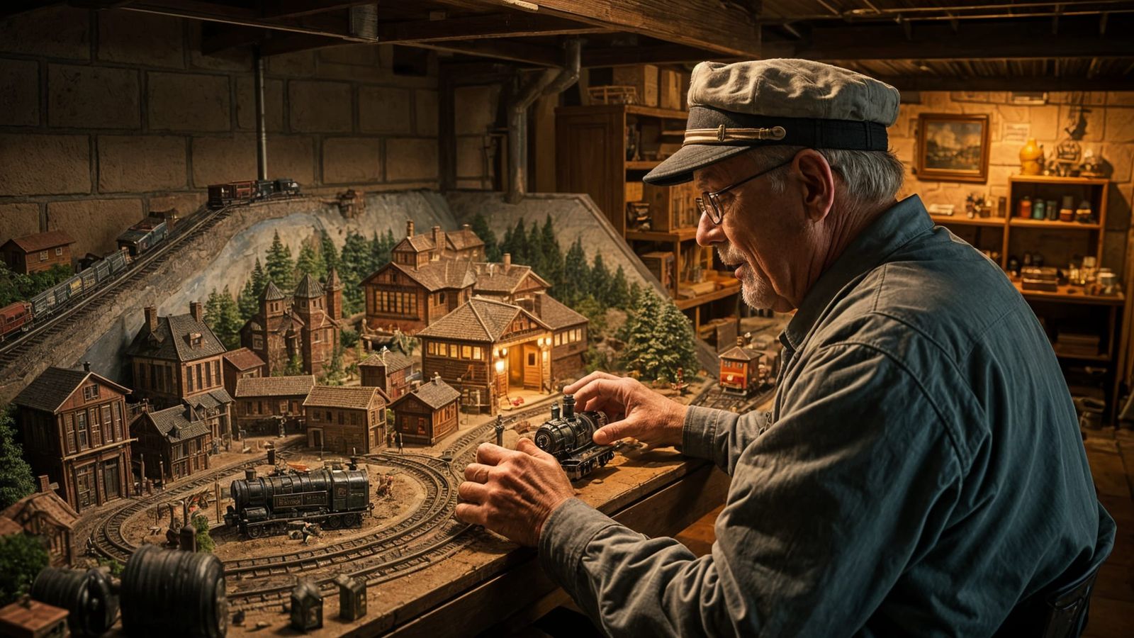 Detailed Miniature Train Set in Basement, 8K