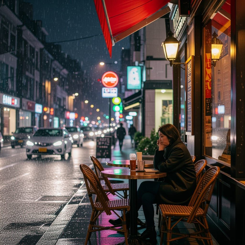 Rainy Night View from a Street Cafe