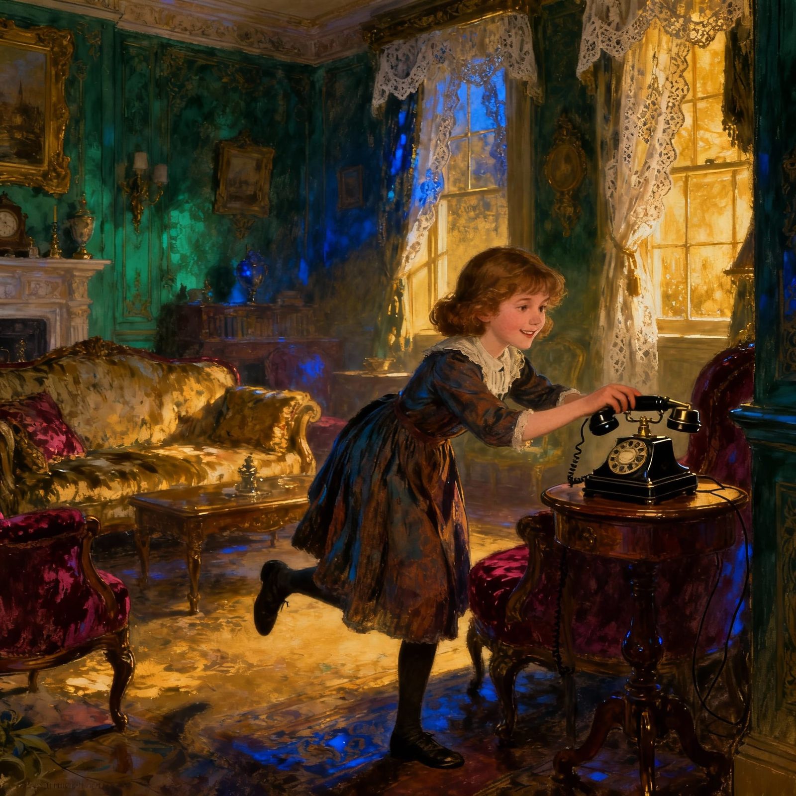 Edwardian Girl Calls Fire Brigade in Victorian Parlor