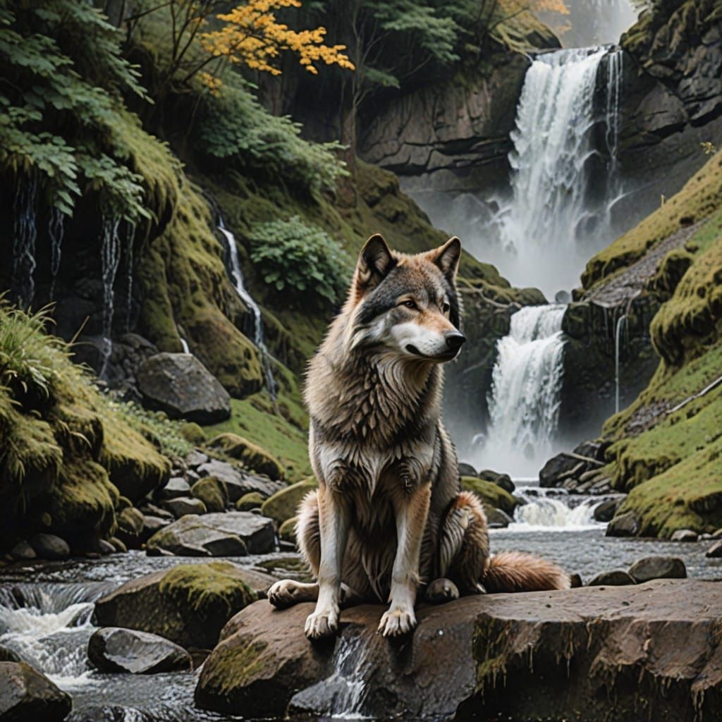 Wolf Contemplates Waterfall's Fury in Impressive Landscape P...
