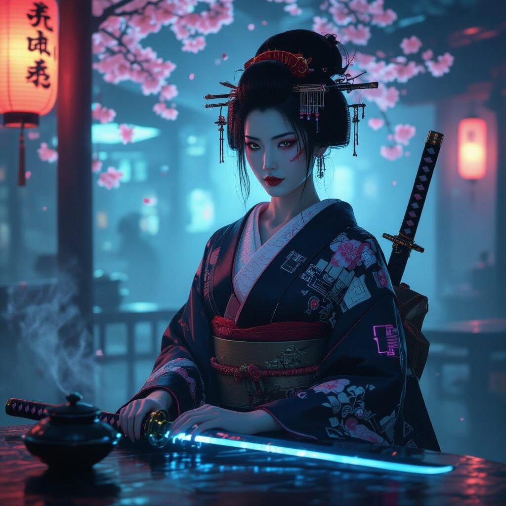 Cyberpunk Geisha in Neon Tea House