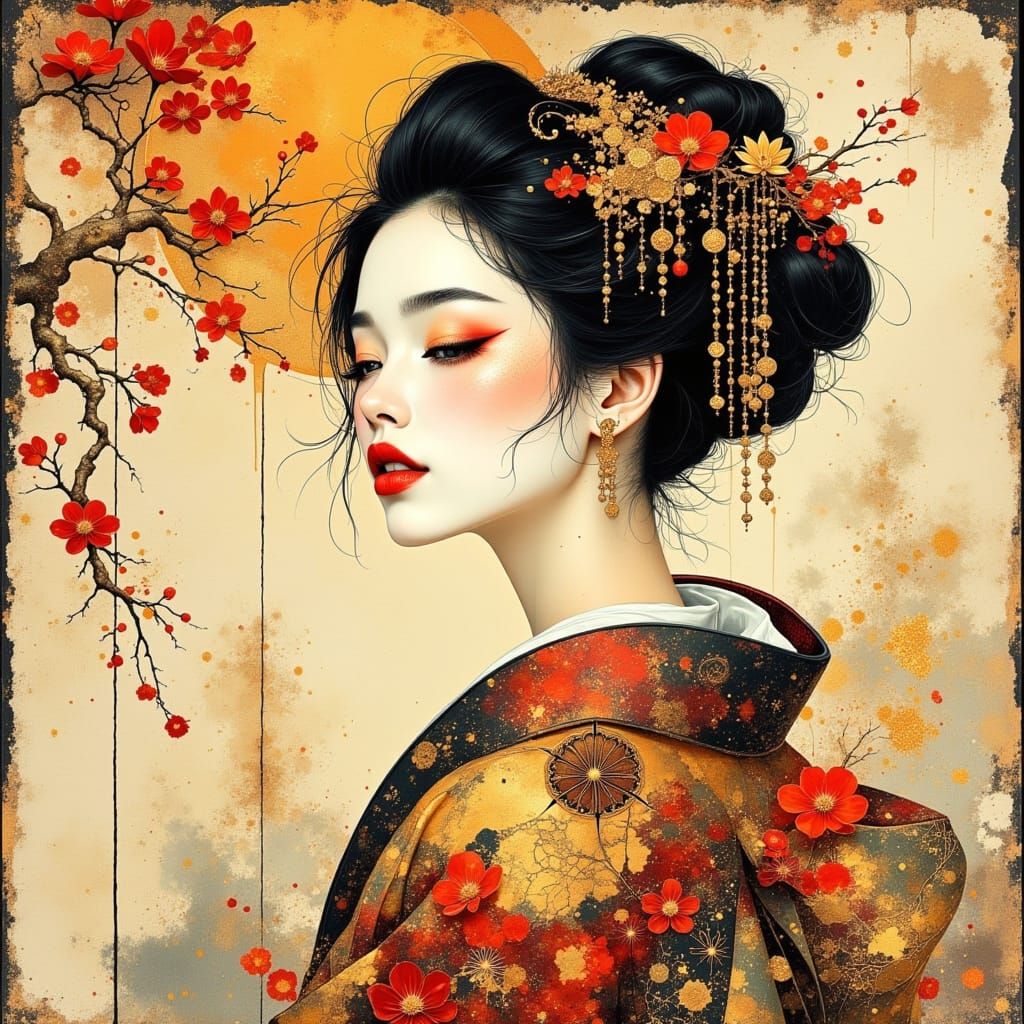 Geisha with Cherry Blossoms in Art Nouveau Style