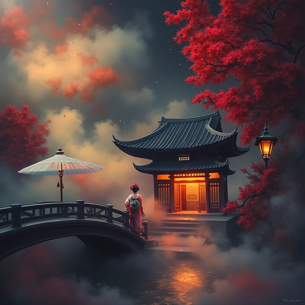 Surreal Geisha Emerges from Whispers of Orange and Red Mist