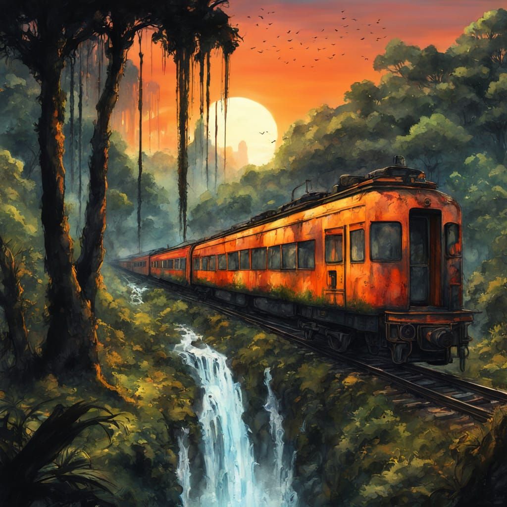 Whimsical Jungle Sunset with Abandoned Train and Waterfall